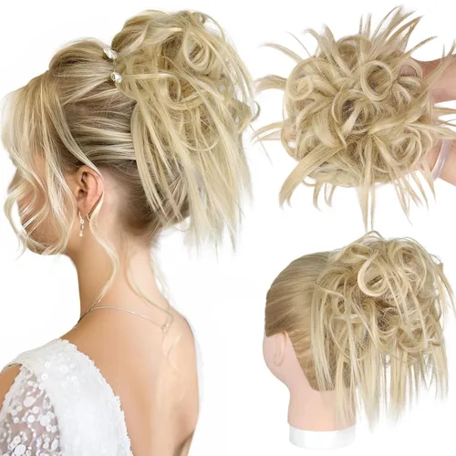 Vista 43 de HMD - Extensiones de cabello con chongo alborotado y coleta con banda elástica de goma, extensiones de cabello sintético para mujer, extensiones