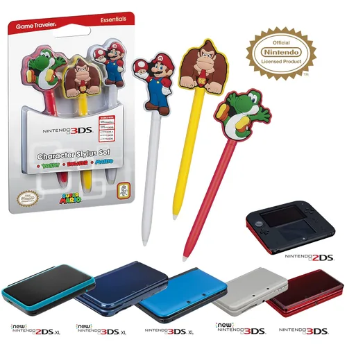 Officially Licensed Nintendo 3DS Game Traveler Essentials 3pc. Character Stylus Pack Mario, Yoshi, Donkey Kong