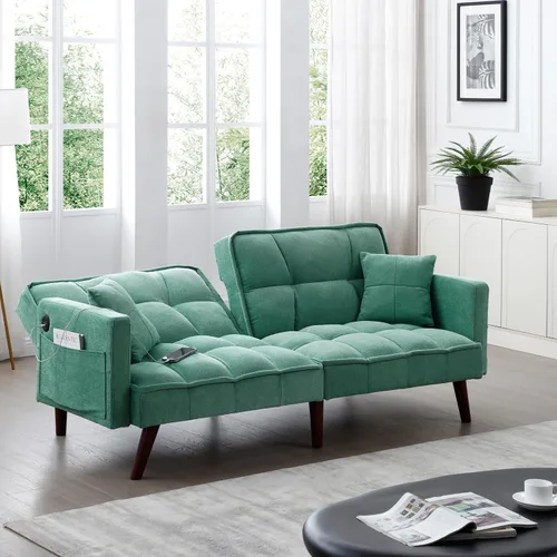 Vista 5 de Sofá cama futón, sofá futón plegable convertible, sofá pequeño transpirable, cómodo sofá cama doble tapizado de terciopelo para sala compacta