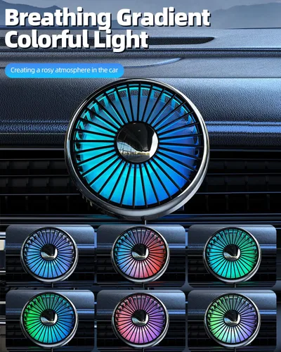 Vista 2 de Ventilador USB de ventilación de coche para rejillas de ventilación montado con luz colorida, ventiladores de clip giratorios de 360° que soplan