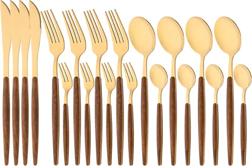 Juego de cubiertos de 20 piezas (4 juegos) con mango de madera, juego de cubiertos retro de acero inoxidable 180, utensilios de cocina que incluyen