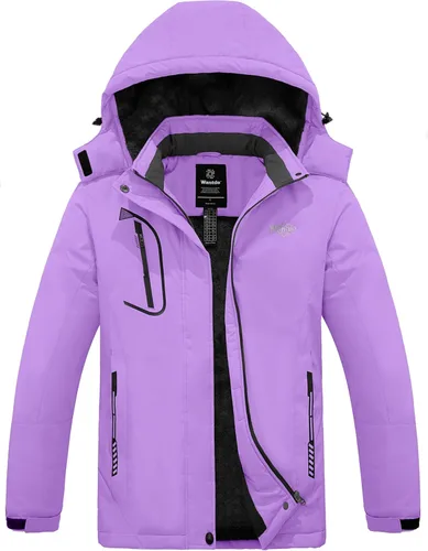 Vista 6 de wantdo Chaqueta de esquí impermeable de montaña para mujer, chaqueta de lluvia resistente al viento, abrigo cálido con capucha para invierno