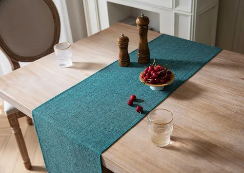 Vista 4 de ZeeMart Camino de mesa azul de 72 pulgadas de largo, estilo rústico de arpillera de lino, camino de mesa de comedor tejido bohemio, 13 x 72