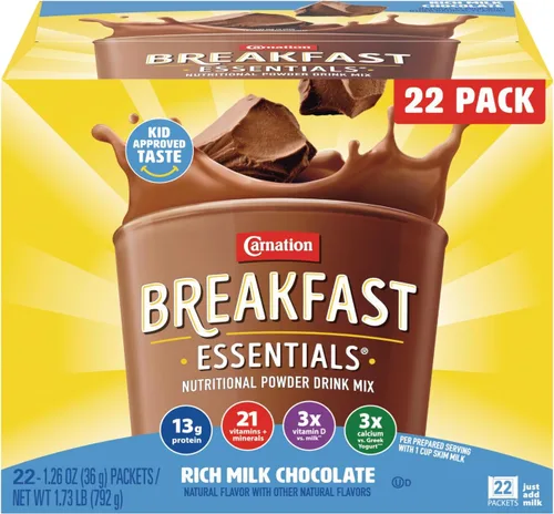 Carnation Breakfast Essentials Mezcla de bebida en polvo, rico chocolate con leche, 1.26 onzas (paquete de 22), (el embalaje puede variar)