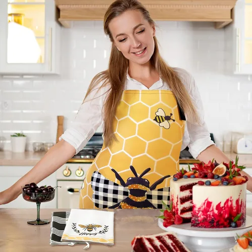Vista 2 de Bencailor 6 Pcs Bee Sunflower Kitchen Set Include 4 Dish Towels and 2 Kitchen Aprons for Spring Summer Women Housewarming