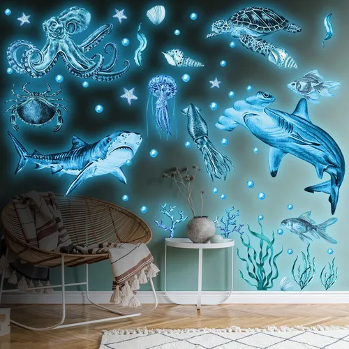 Vista 7 de Sabary 4 calcomanías de pared que brillan en la oscuridad del océano bajo el mar, calcomanías de pared de peces, calcomanías de PVC de animales
