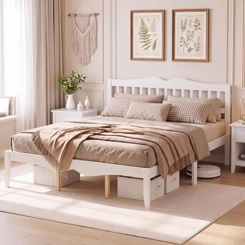 Vista 19 de GIANTEX Marco de cama de madera de tamaño individual con cabecera curva Nogal