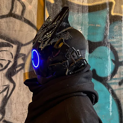 Vista 4 de Techwear - Máscara punk, máscara de samurái con luz LED, máscara de anime para cosplay de Halloween