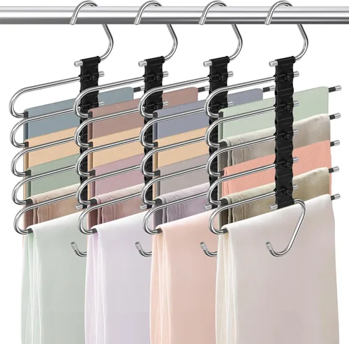 Vista 16 de Perchas para pantalones de 9 niveles que ahorran espacio, paquete de 2 organizadores multifuncionales de acero inoxidable para armario para Blanco