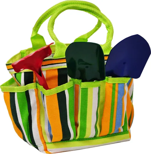 Vista 11 de JustForKids - Juego de 2 herramientas de jardín, cubos de metal verde y azul con mini pala, rastrillo y cultivador, asas de madera, herramientas