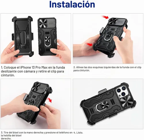 Vista 8 de VEGO Funda para iPhone 13 Pro Max/iPhone 12 Pro Max con soporte, cubierta deslizante para cámara y funda con clip para cinturón, funda protectora