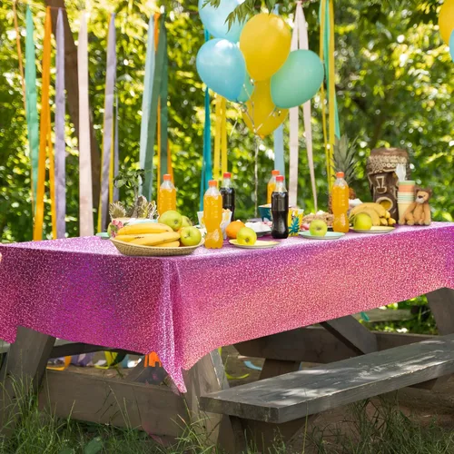 Vista 6 de Manteles Holográficos Láser Rosa, Cubiertas de Mesa Brillantes Rosa Intenso 40" x 108" Manteles Rectangulares Desechables de Papel Aluminio