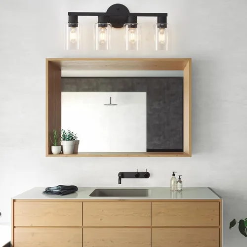 Vista 6 de Lámpara de tocador de baño de 4 luces, lámparas de baño negro mate con pantalla de vidrio transparente, 4 luces de tocador, accesorios