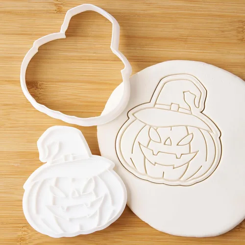 Vista 15 de Flycalf Cortadores de galletas de Halloween, formas de sombrero de bruja con sellos de émbolo, accesorios de horneado de ácido poliláctico