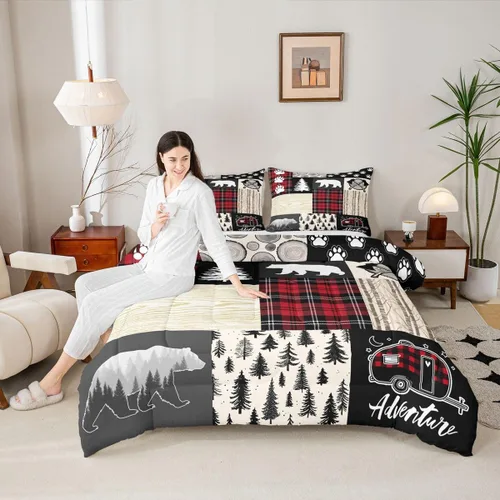 Vista 38 de Manfei Juego de Edredón de Siluetas de Animales con Astas de Ciervo Tamaño Full, Juego de Ropa de Cama de Camuflaje con Cuadros Geométricos de 3