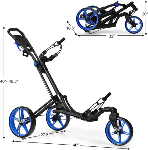 Vista 7 de GYMAX Carrito de golf plegable con rueda delantera giratoria, carrito de golf ajustable de 3 ruedas, carrito de golf compacto fácil de plegar