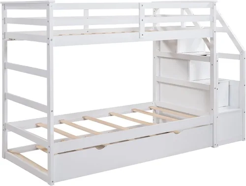 Vista 46 de DEINPPA Litera individual sobre individual e individual con escalera, litera triple de madera con escalera y espacio de almacenamiento integrado