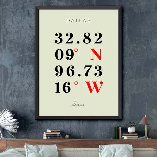 Vista 2 de Mapa de Dallas, Texas, Coordenadas Multilíneas de Colores (8x10)