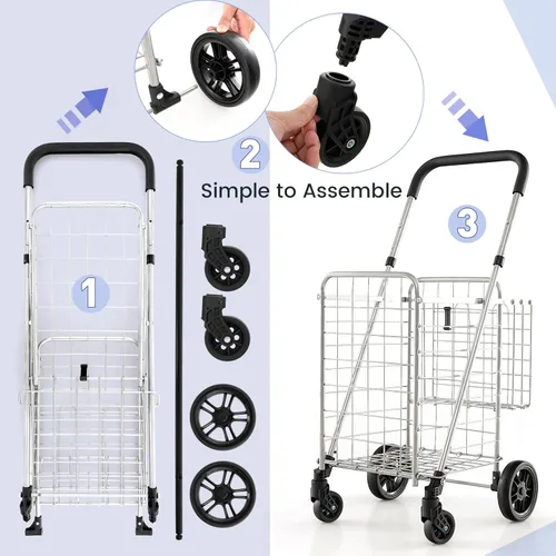 Vista 5 de Goplus Carrito Plegable de Compras de Utilidad, Cesta Doble y Ruedas Giratorias de 360°, Mango Ajustable, Carrito Pequeño Perfecto para Comestibles