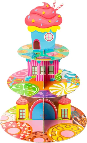 Candyland - Soporte decorativo para cupcakes, torre de 3 niveles, dulces, torre, cartón, dona, helado, helado, postre, para niñas, fiesta de