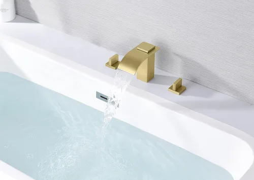 Vista 4 de SUMERAIN Grifo de bañera romana de dos manijas 3 agujero cascada grifo de bañera oro cepillado con válvula