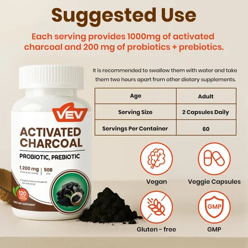Vista 7 de VEV Cápsulas de carbón activado de 1200 mg con cáscara de coco orgánico, probióticos y prebióticos, 120 cápsulas de tamaño de viaje, vegano, sin