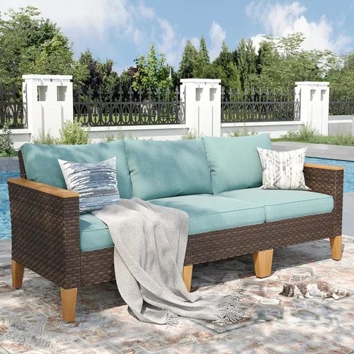 Vista 13 de PHI VILLA Otomana de mimbre para patio, 2 piezas, asiento otomano de mimbre para todo tipo de clima, reposapiés para exteriores con cojines