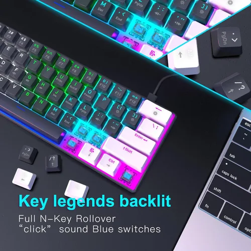 Vista 4 de Teclado portátil 60 por ciento, compacto 61 teclas mini teclado mecánico para PCMac Gamer conmutable colorido retroiluminado - interruptor azul