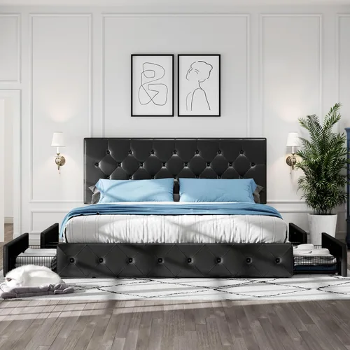 Vista 21 de HOOMIC Base de cama de almacenamiento de plataforma de tamaño matrimonial con 4 cajones y cabecera ajustable, listones de madera, no necesita