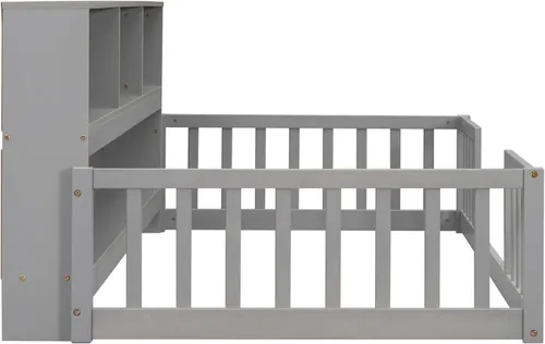 Vista 9 de Mirightone Cama de suelo de tamaño individual para niños, cama Montessori de madera con rieles de valla y estantes de almacenamiento, marco de cama