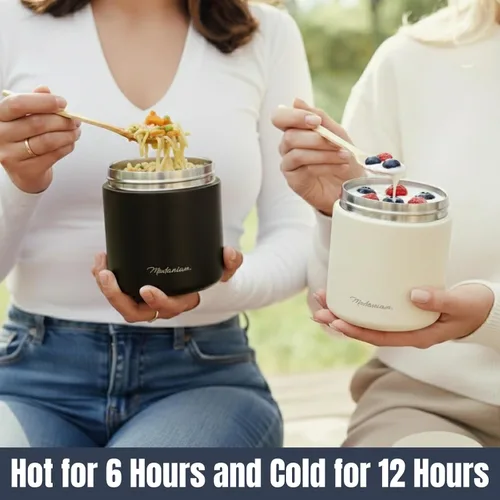 Vista 4 de Juego de 2 tarros de alimentos aislados de acero inoxidable (16 onzas + 12 onzas), boca ancha, termo de sopa para almuerzo de comida caliente