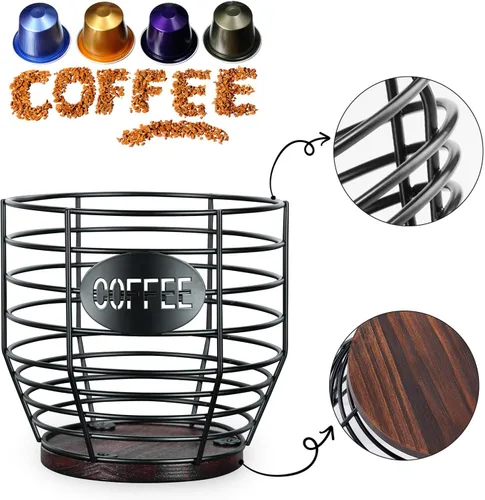 Vista 2 de Yangbaga 1 soporte para cápsulas de café, soporte para cápsulas de café de gran capacidad con base de madera, decoración moderna de barra de cesta