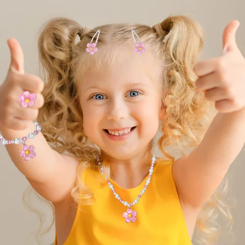Vista 4 de BGSHEMNI Conjunto de Joyas de Flores para Niñas – Disfraz para Niñas Pequeñas Conjunto de Caja de Joyas de Juguete de Simulación de 5 Piezas
