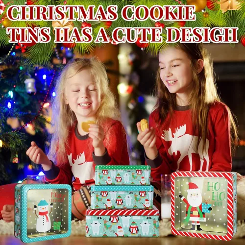 Vista 4 de 6 latas de galletas de Navidad con tapas para regalar, latas de metal para galletas, recipientes de lata grandes, medianos y pequeños, recipientes