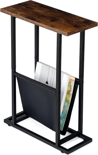 Vista 10 de FLYJOE Mesa auxiliar estrecha con revistero de piel sintética, estilo rústico, delgado, para sala de estar, dormitorio, sofá, color negro