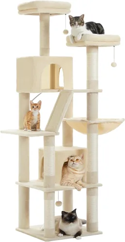 PEQULTI Árbol para gatos de interior de 71 pulgadas con hamaca grande, torre alta para gatos grandes con condominio para 2 gatos, 2 perchas