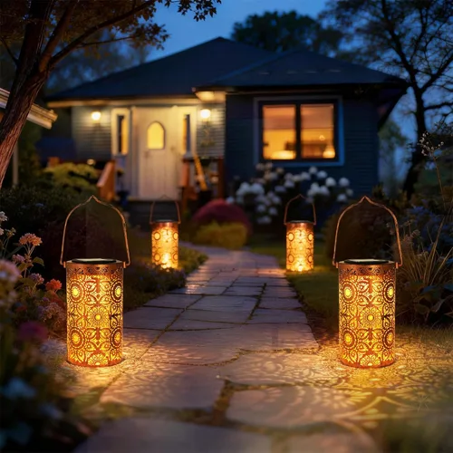 Vista 7 de Linternas solares para colgar al aire libre, linterna LED impermeable de metal con energía solar, decoración de patio, linterna con asa, idea