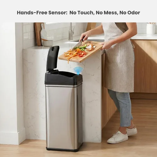 Vista 3 de [Usado] iTouchless - Cubo de basura para cocina de 13 galones, con sensor, con ruedas Plata clara/negro