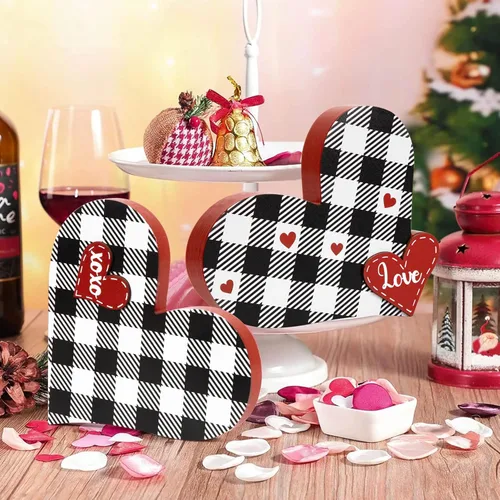 Vista 3 de 2 piezas de letrero de amor de madera para el día de San Valentín en forma de corazón, decoración de bandeja de San Valentín, centro de mesa