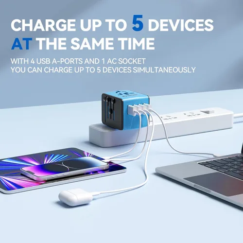 Vista 5 de Unidapt Adaptador de viaje universal, adaptador de enchufe internacional rápido 2,4A 4-USB enchufe de alimentación europeo, cargador de pared de CA