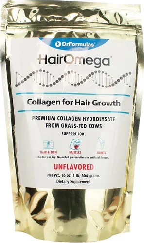 DrFormulas HairOmega - Colágeno para el crecimiento del cabello, proteína en polvo, péptidos de hidrolizado de colágeno bovino, sin sabor, sin