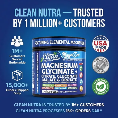 Vista 8 de Clean Nutra - Complejo suplemento de citrato de glicinato de magnesio, malato, orotato, taurato + 10 cepas probióticos de prebióticos FOS GOS