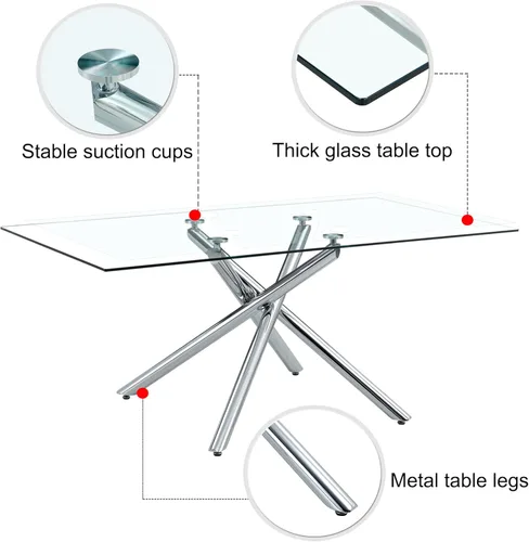 Vista 4 de Ebullient Juego de mesa de comedor de cristal de 63 pulgadas para 6 mesas de comedor modernas con parte superior de vidrio templado con 6 sillas