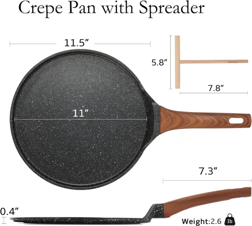 Vista 2 de ESLITE LIFE Sartén para Crepas de 11 Pulgadas con Esparcidor, Sartén Antiadherente con Revestimiento de Granito Dosa, Sartén Roti Tawa Comal Para