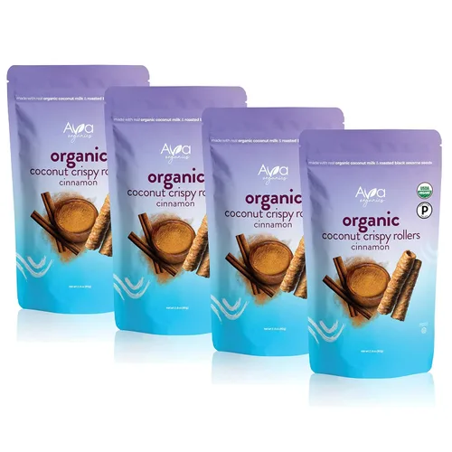 Vista 11 de Rodillos crujientes de canela y coco (bolsas de 2.8 onzas) Ava Organics - Sin gluten, sin OGM, kosher, vegetariano y certificado paleo, chips