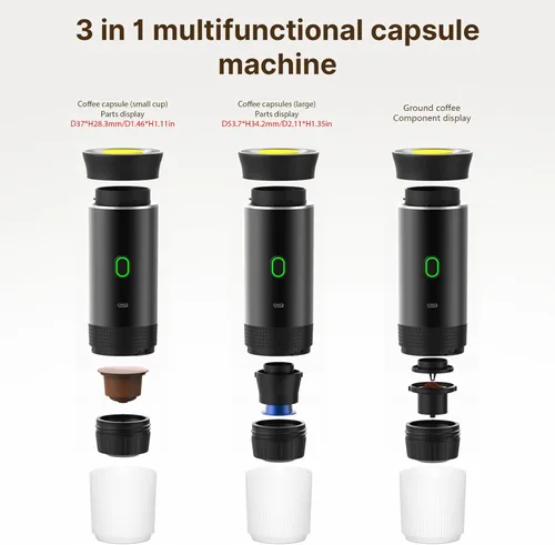 Vista 2 de Decdeal Cafetera inalámbrica para el coche, hogar, viajes, cafetera eléctrica 3 en 1, funciona con cápsulas y café molido de 15 bares, mini cafetera