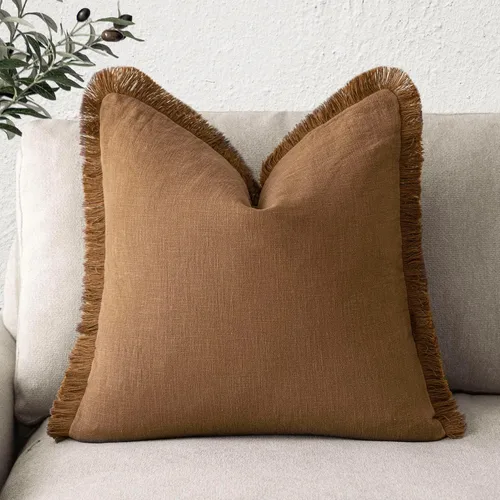 Vista 12 de Foindtower Fundas de almohada decorativas de lino con flecos, acogedora funda de cojín bohemia estilo farmhouse con borlas, funda de almohada