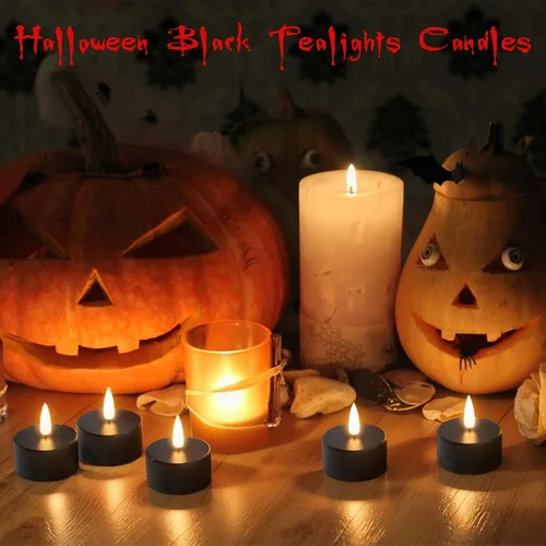 Vista 4 de GenSwin 12 velas de té recargables con base de carga y temporizador remoto, velas LED sin llama, funciona con pilas, para Halloween, otoño, mesa