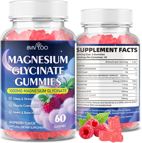 Gomitas de glicinato de magnesio de 1000 mg con L-treonato, vitamina D, B6 y CoQ10 - Apoya la memoria, la calma y el estado de ánimo, sabor a