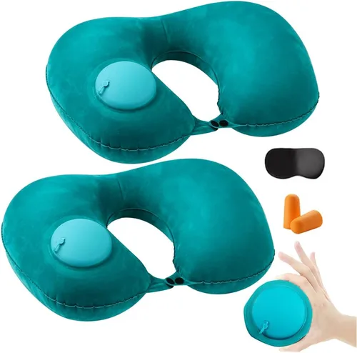 Vista 9 de 2 almohadas inflables de viaje, almohada inflable ajustable para el cuello, almohada inflable portátil en forma de U con máscara de ojos, tapón